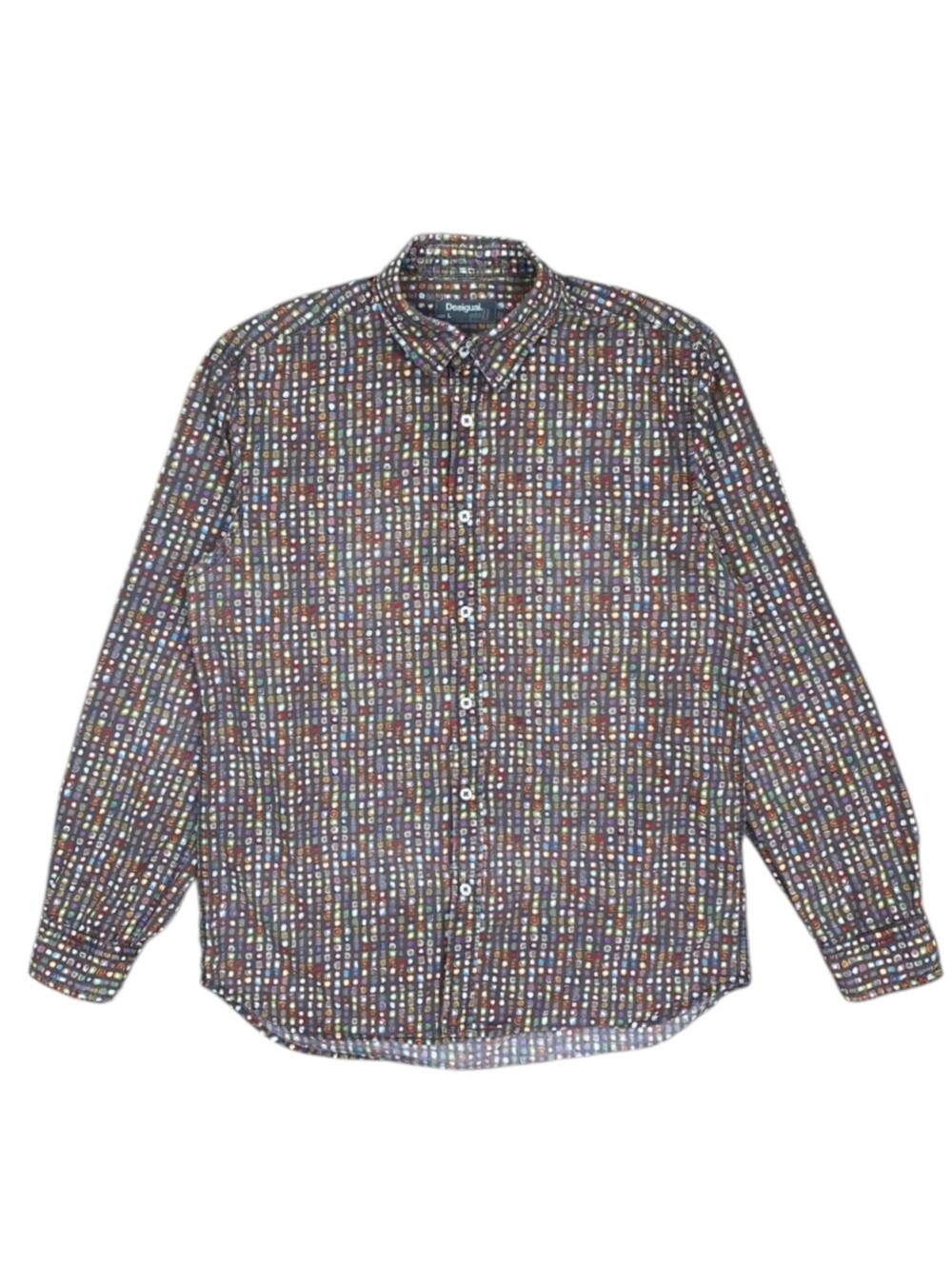 Desigual Multicolor Dot Grid Long-Sleeve Button-Down Cotton Shirt Sz XL